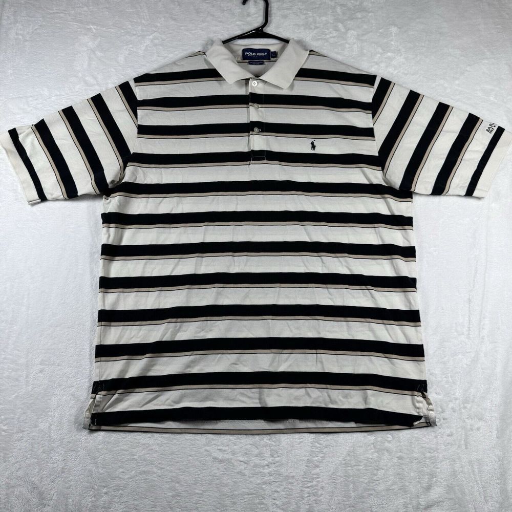 Vintage Golf Polo Ralph Lauren Mens XL White/Black Striped Pony Performance